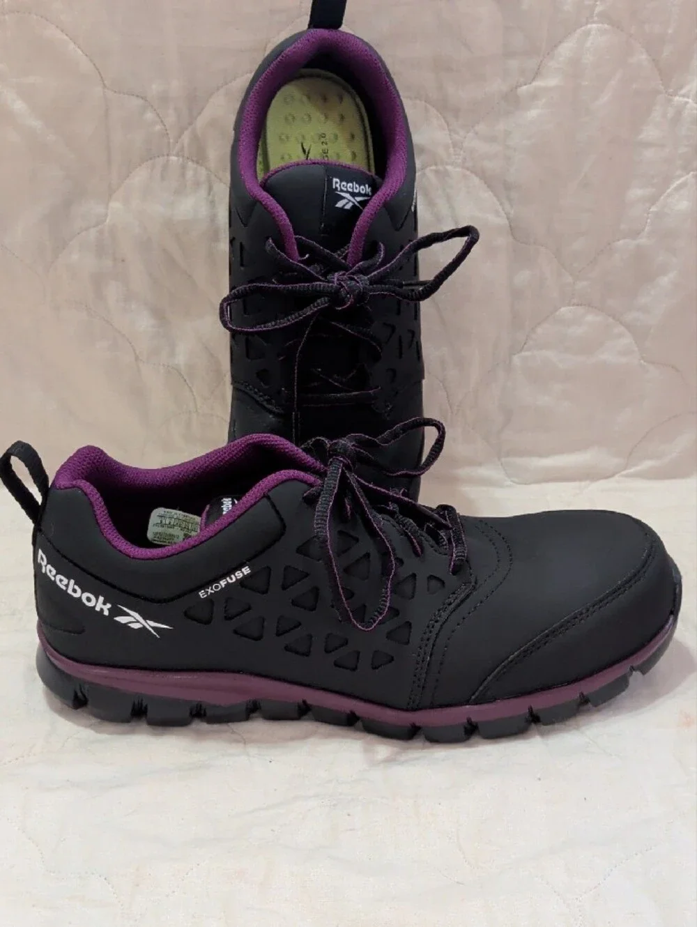 Reebok Exofuse Black Sneakers Purple Lining Work Slip Resistant Steel Toe Size 9